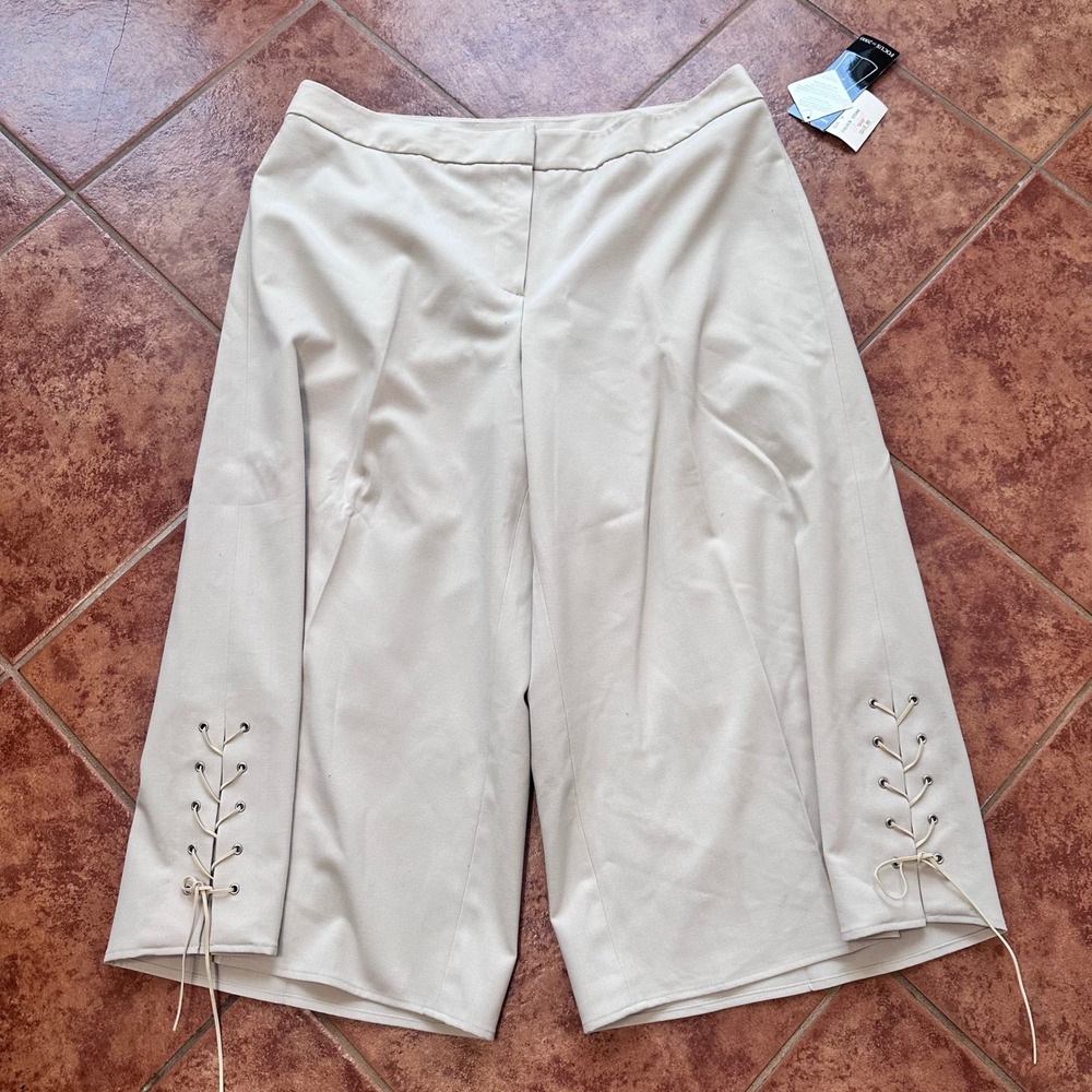 VTG Y2K Lace-Up Hem Wide Leg Capri Pants Women 18 Beige NWT